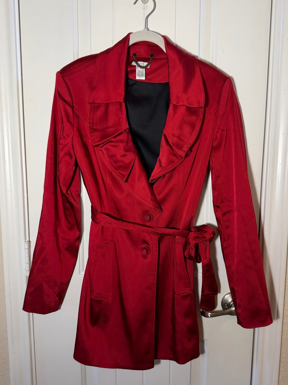 Cache Y2K vintage Red Satin Ruffle Collar Belted Trench Coat Jacket Size S